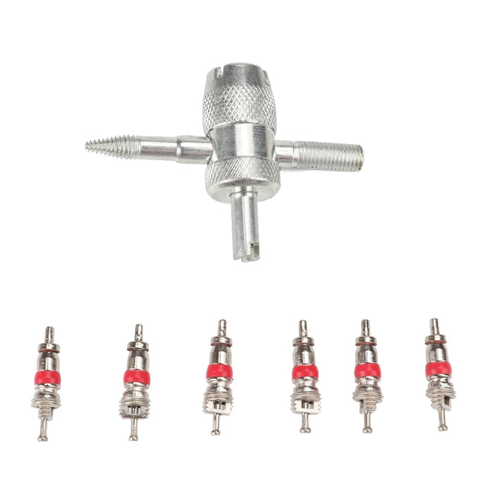 4 in 1 Tire Valve Remover Tool with 6 Car Trunk Motorcycles Tire Valves