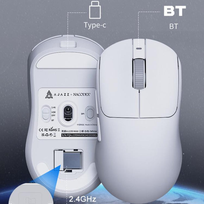 Ajazz AJ199 MAX Gaming Mouse - Lightweight Wireless 2.4GHz & Wired BT Tri-Mode PAW3395