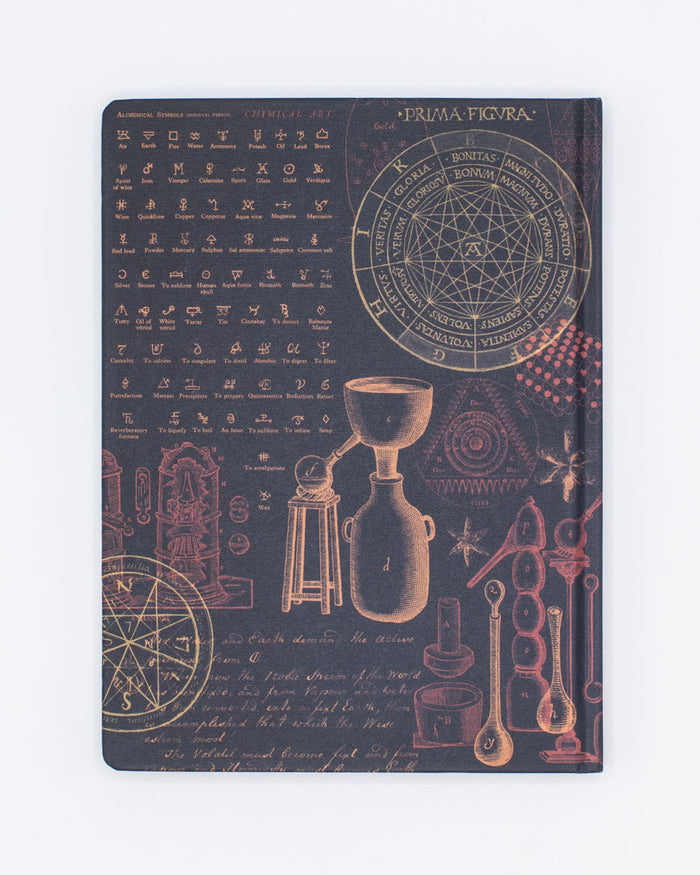 A Cognitive Surplus Alchemy Hardcover Notebook - Lined/Grid with a black cover and various objects on it.