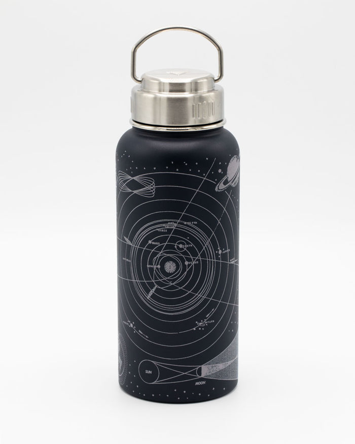 A Cognitive Surplus Astronomy 32 oz Steel Bottle with a space map on it.