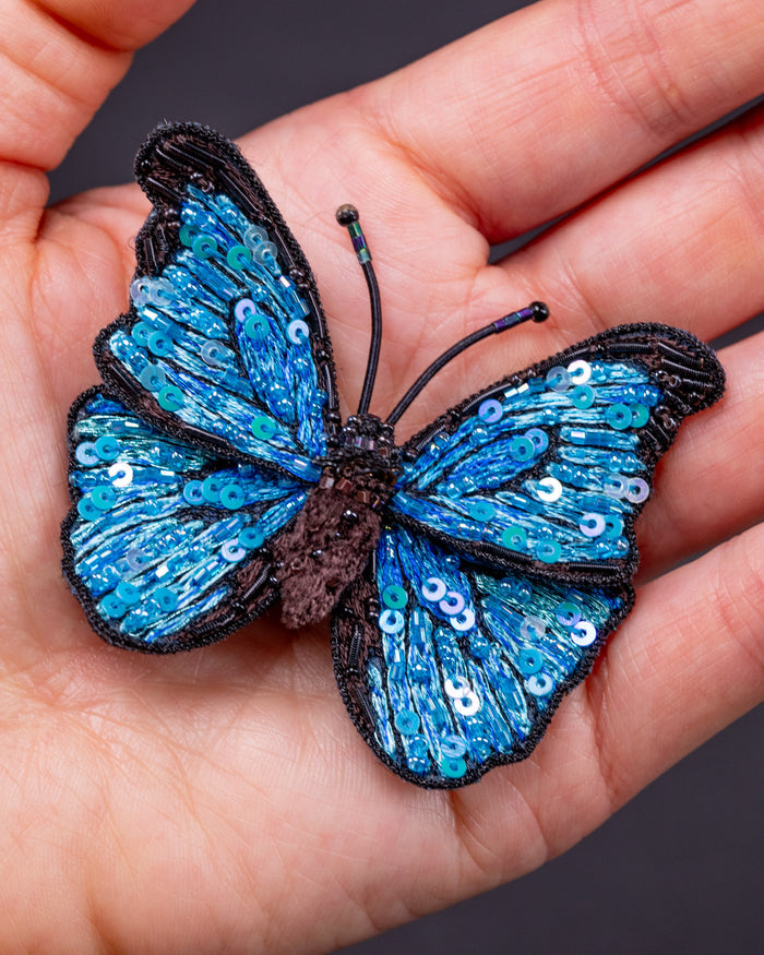 Blue Morpho Butterfly Beaded Brooch Pin - Trovelore