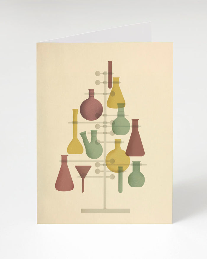 A Chemis-tree Holiday Greeting Card featuring a christmas tree with lab equipment on it, by Cognitive Surplus.