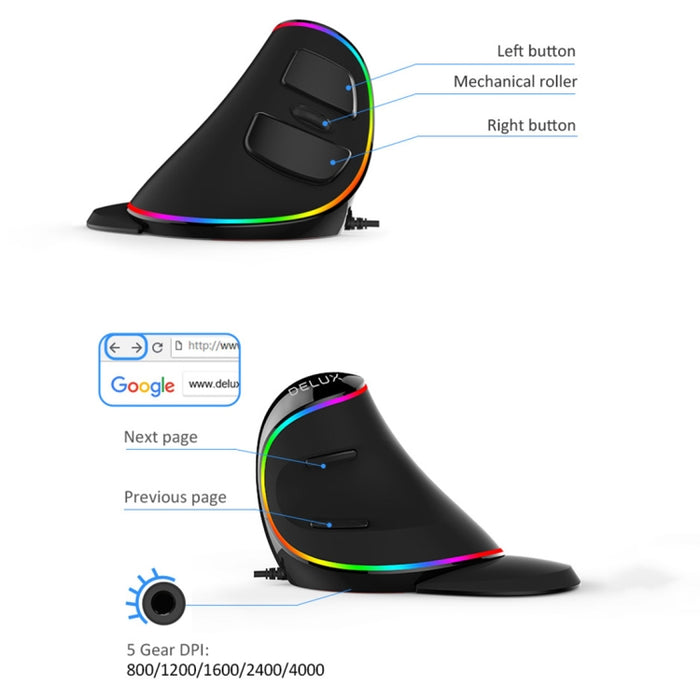 DELUX M618 Plus Ergonomic RGB Wired Optical Mouse - 4000DPI Vertical Design