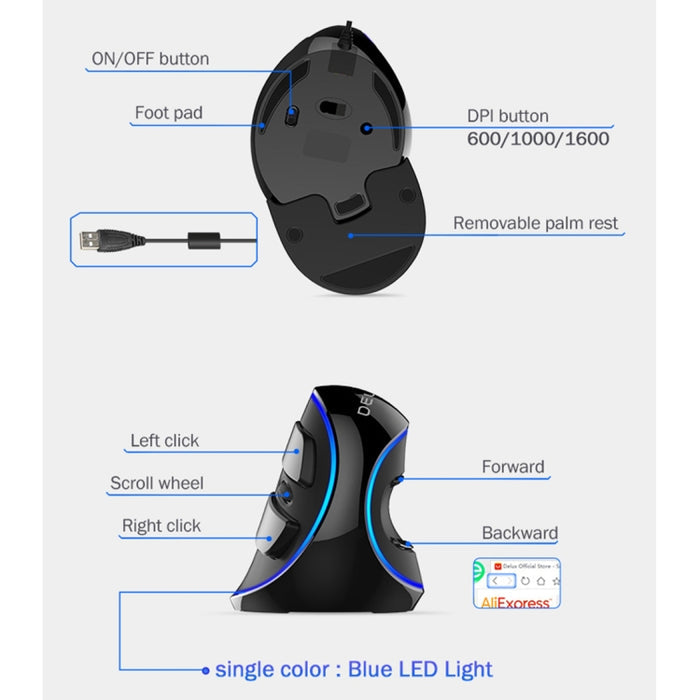 DELUX M618 Plus Wired Blue Version Ergonomic Vertical Optical Mouse