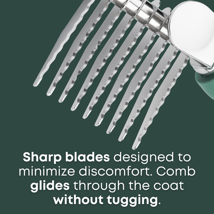 close-up of rounded blades on dog dematting comb for safe grooming