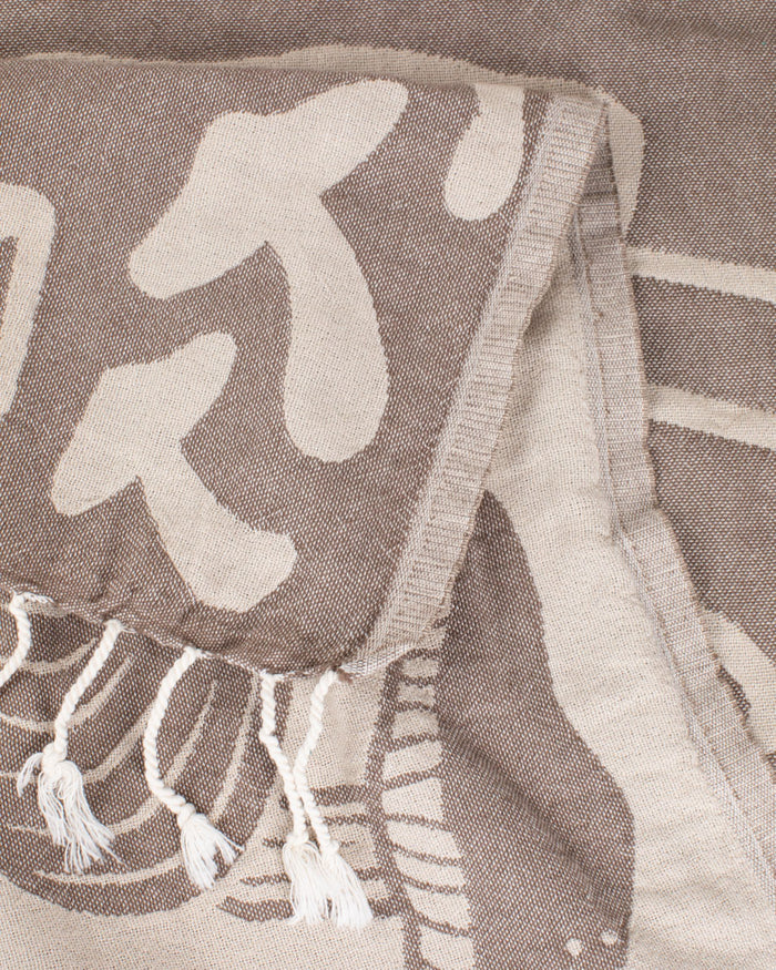 A brown and white Edible & Poisonous Mushrooms Turkish Towel with tassels on it by Cognitive Surplus.
