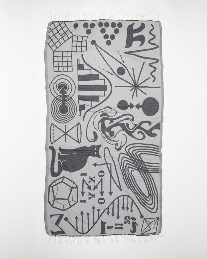 A black and white Equations That Changed the World Turkish Towel by Cognitive Surplus with various designs on it.