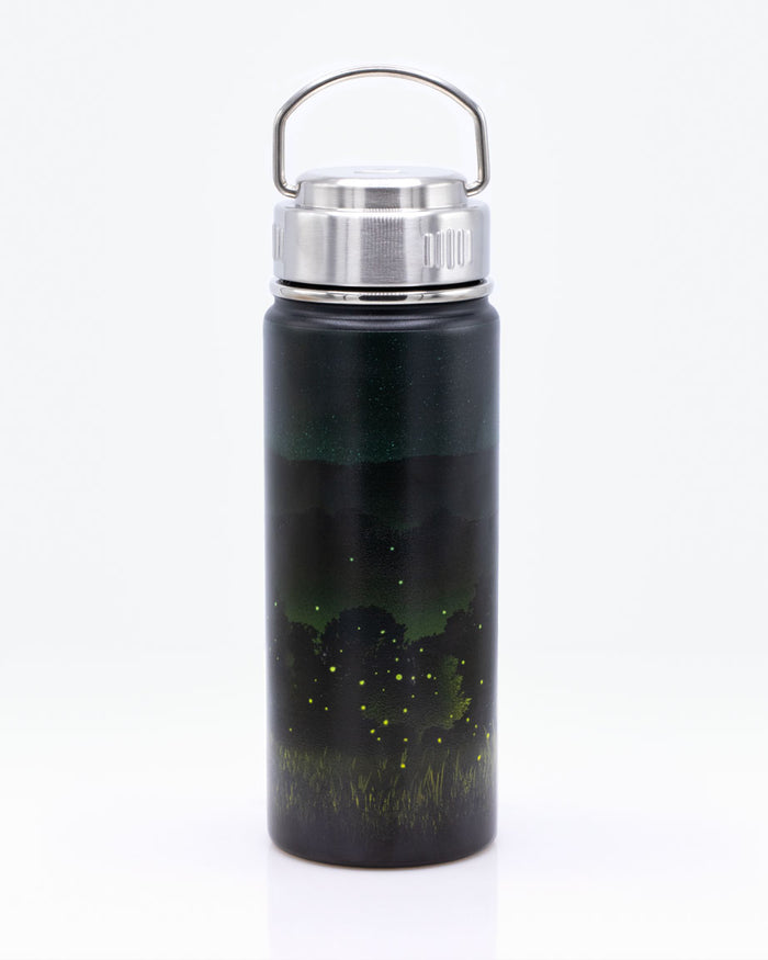 A black Firefly Meadow 18 oz Steel Bottle with an image of a firefly on it, made by Cognitive Surplus.
