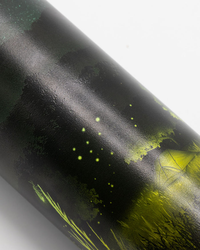 A Cognitive Surplus Firefly Meadow 18 oz Steel Bottle with an image of a firefly on it.