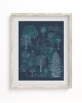 A framed art print of a Forest Scientific Illustration Museum Print from Cognitive Surplus with trees on it.