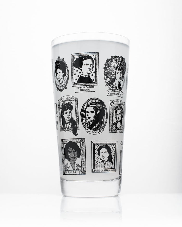 A Cognitive Surplus Great Women of Science Beer Glass (12 oz) with a picture of women's faces.