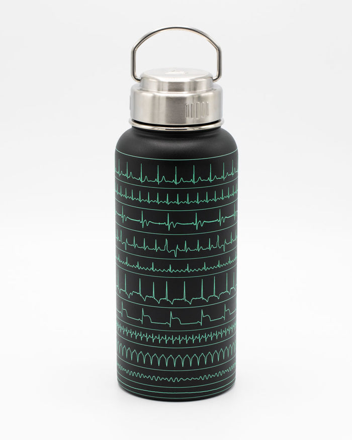 A Cognitive Surplus Heartbeat 32 oz Steel Bottle with an ecg pattern on it.