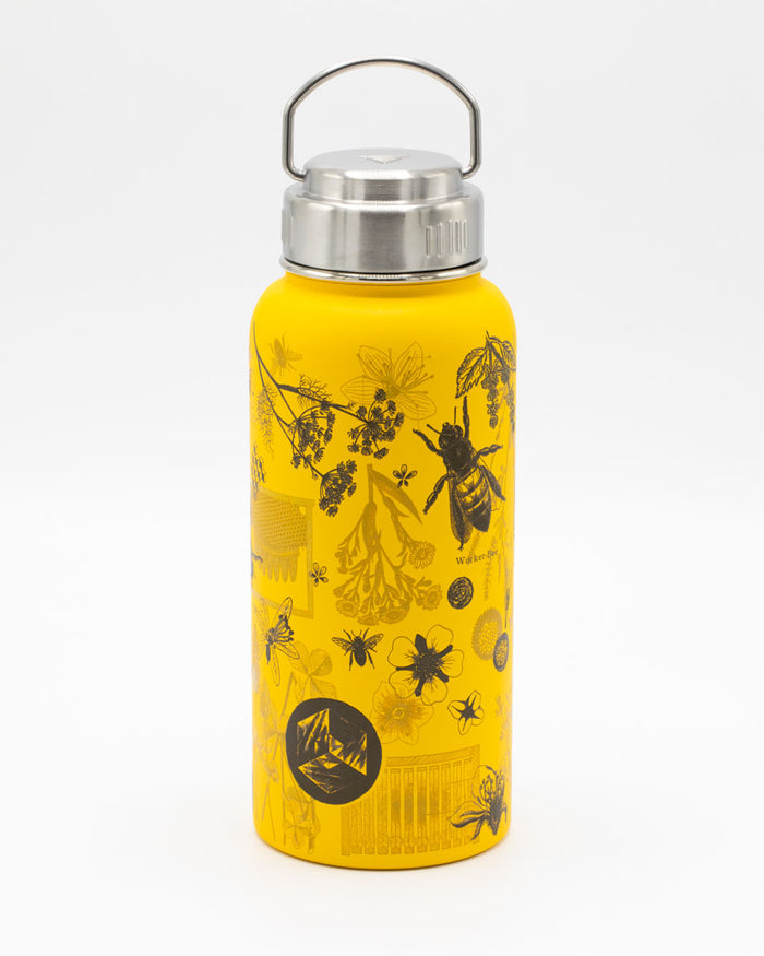 A yellow Honey Bee 32 oz Steel Bottle with black and yellow designs from Cognitive Surplus.