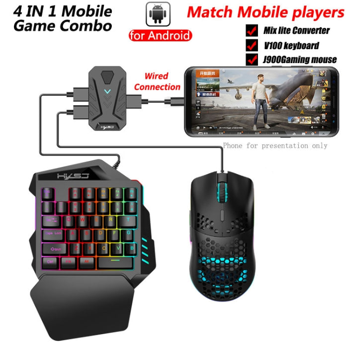 HXSJ Gaming Keyboard and Mouse Set - V100 One-Handed Keyboard, A883 Gaming Mouse, and Converter Combo