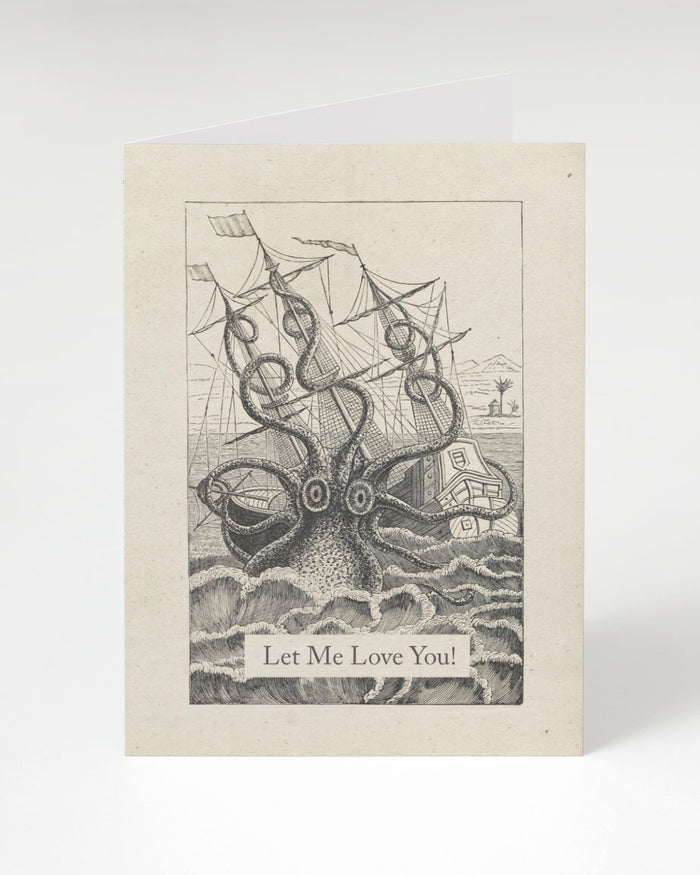 A Let Me Love You! Octopus Card with an illustration of an octopus and a ship, by Cognitive Surplus.