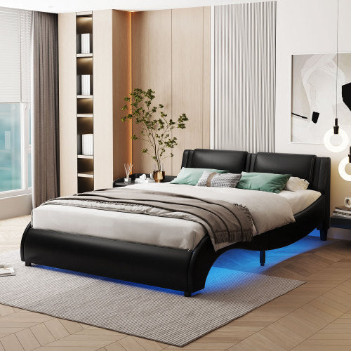 LYDARZ Full Size Bed Frame Upholstered Faux Leather Platform Bed with LED Light Black - LYDARZ