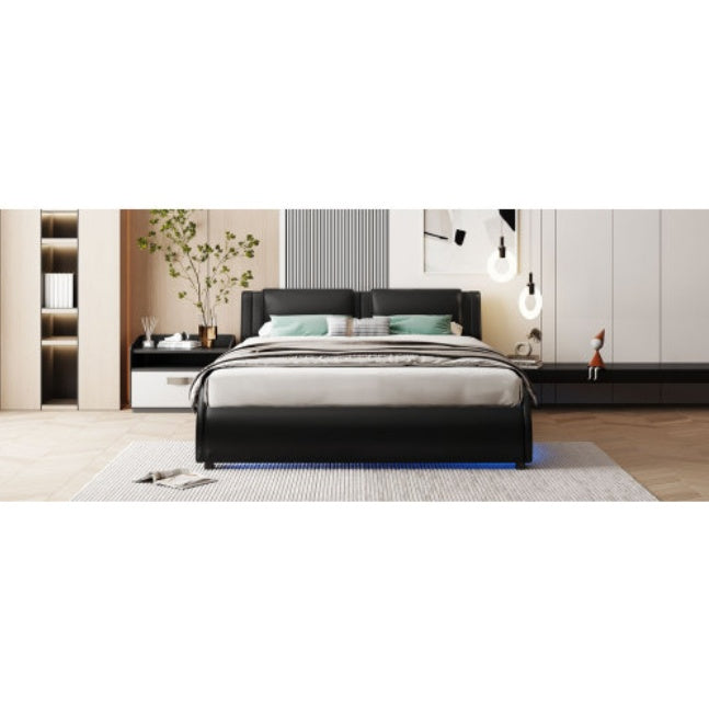 LYDARZ Full Size Bed Frame Upholstered Faux Leather Platform Bed with LED Light Black - LYDARZ