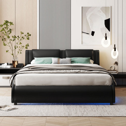 LYDARZ Full Size Bed Frame Upholstered Faux Leather Platform Bed with LED Light Black - LYDARZ