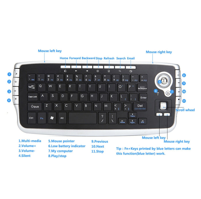 MY-10 Mini Wireless Trackball Keyboard and Mouse Set - 2.4G, 78 Keys, 1200 DPI