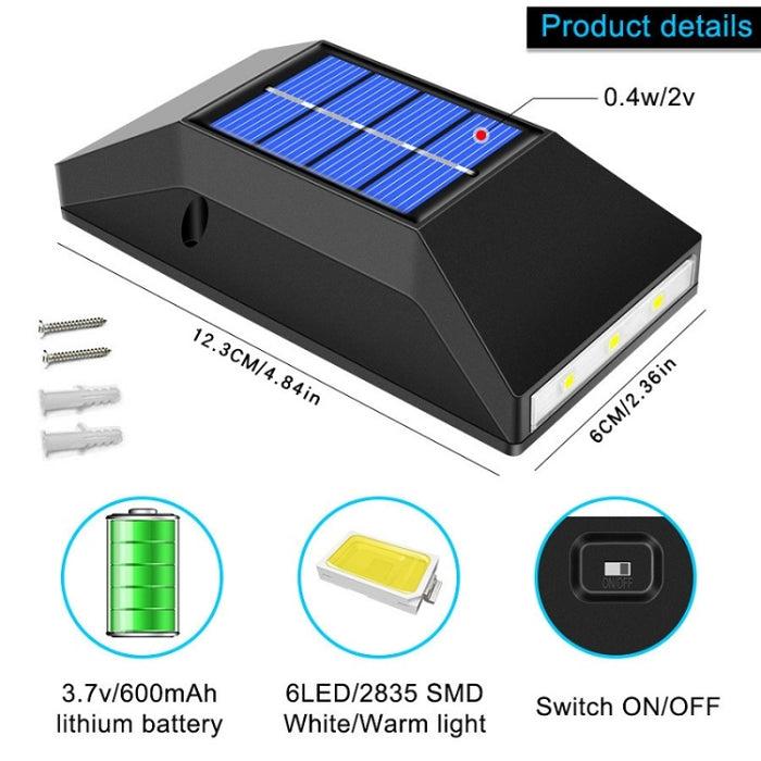 Outdoor Solar Wall Light with 6 LEDs White and Warm Light - Waterproof Decorative Fixture