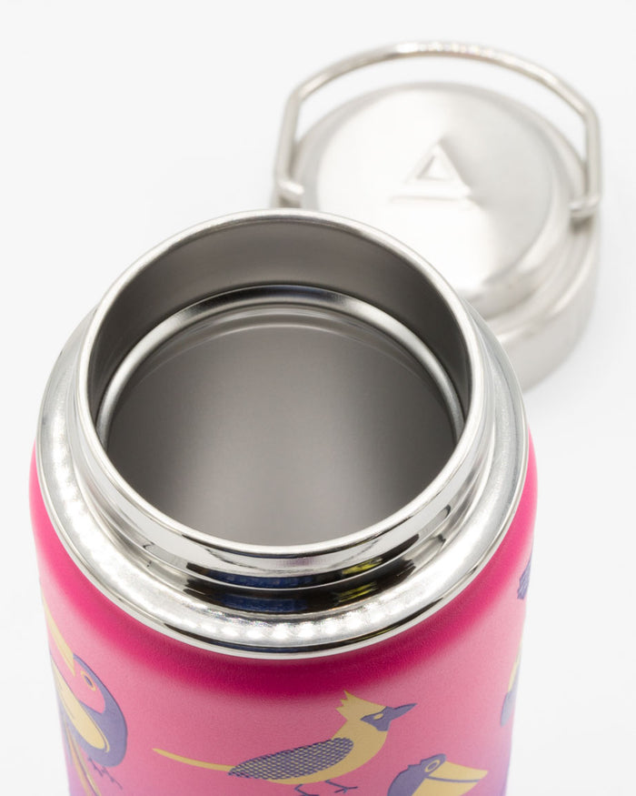A Retro Birds 18 oz Steel Bottle with a lid and birds on it.