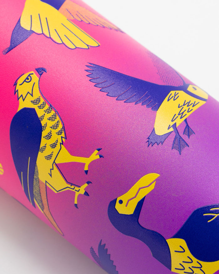A pink and purple Retro Birds 18 oz Steel Bottle with birds on it by Cognitive Surplus.