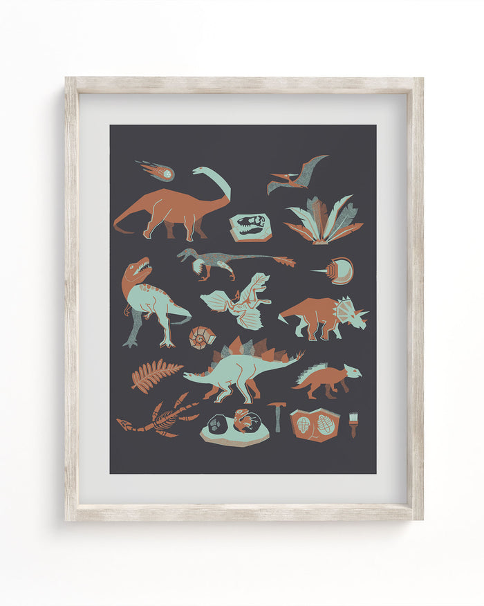 A Cognitive Surplus framed art print of Retro Dinosaurs Museum Print in a black frame.