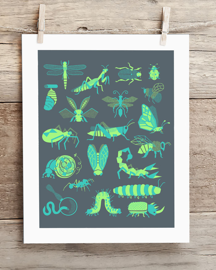 A Retro Insects Museum Print by Cognitive Surplus hanging on a clothesline.