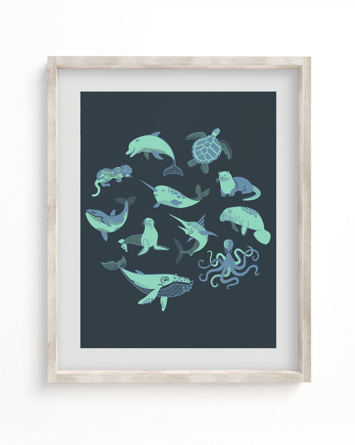 A Cognitive Surplus Retro Marine Life Museum Print with sea animals on a dark background.