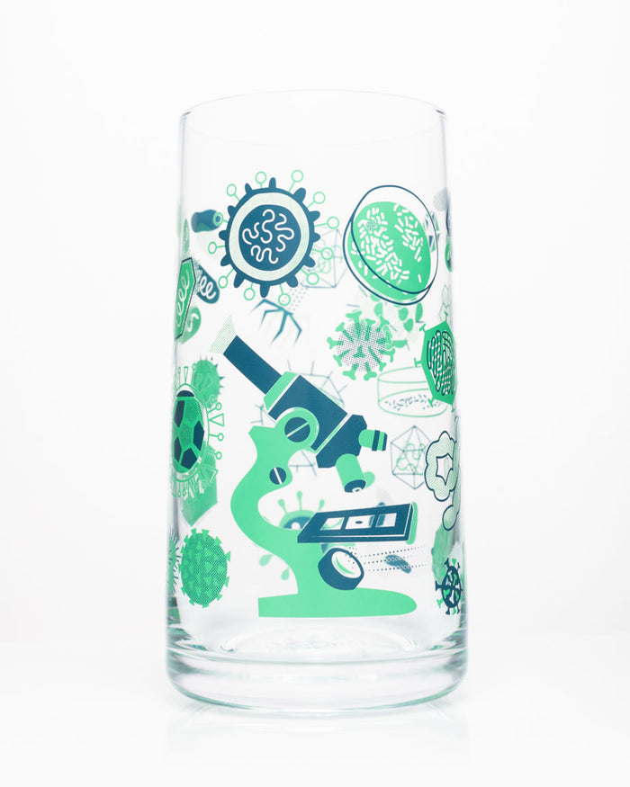 A Retro Microbiology Drinking Glass with a graphic design on it by Cognitive Surplus.