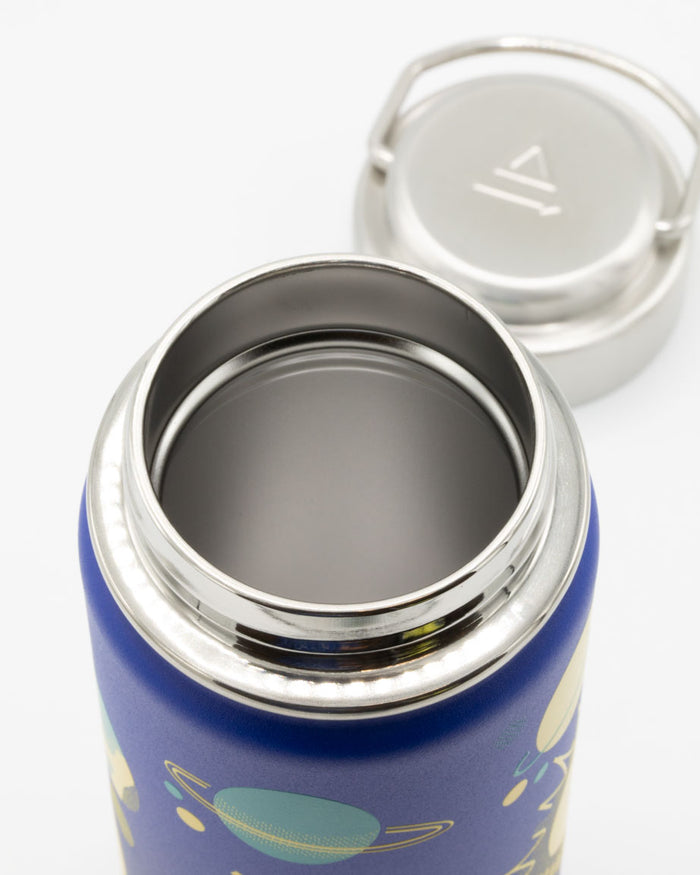 A blue and yellow Retro Space 18 oz Steel Bottle with a lid by Cognitive Surplus.
