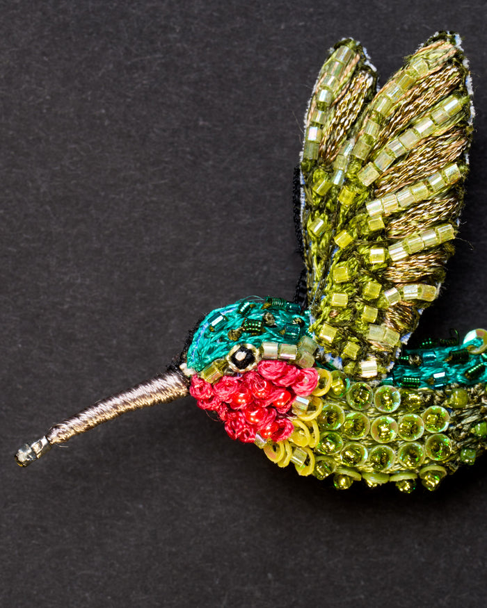 Ruby Throated Hummingbird Beaded Brooch Pin - Trovelore