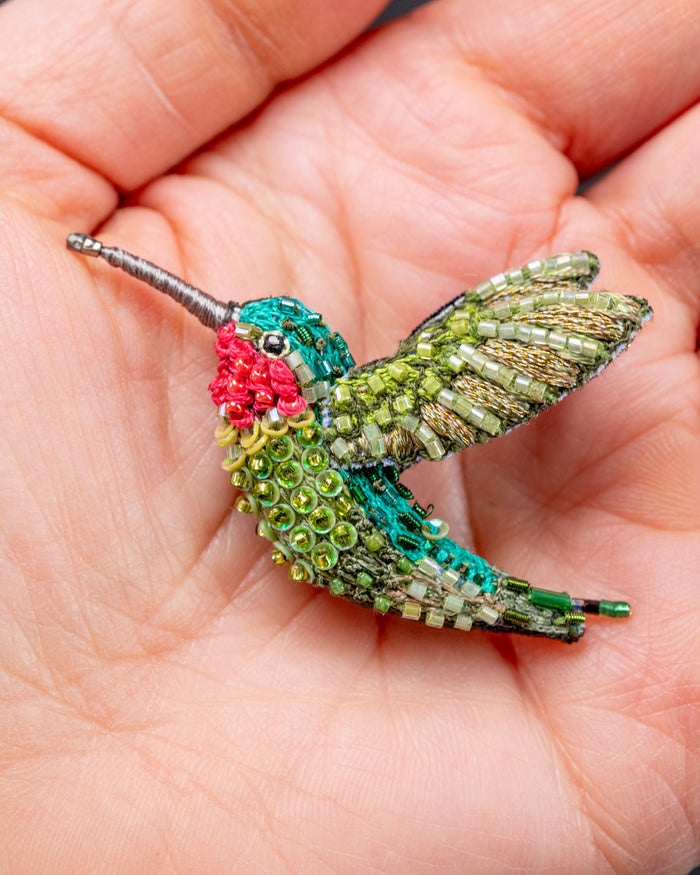 Ruby Throated Hummingbird Beaded Brooch Pin - Trovelore