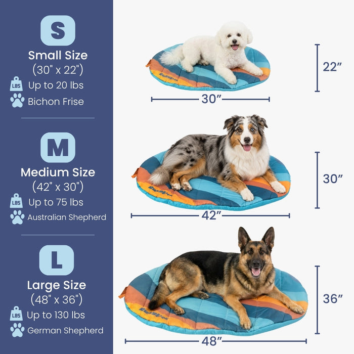 Rubyloo travel bed size guide: Small 30 by 22 inches; Medium 42 by 30 inches; Large 48 by 36 inches