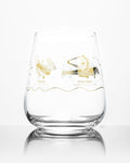 A SECONDS: Space Telescopes Wine Glass with a gold design on it from Cognitive Surplus.
