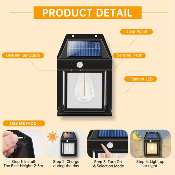 Solar Outdoor Wall Light - Tungsten Body Sensing Waterproof Garden Villa Night Light with 3 Modes