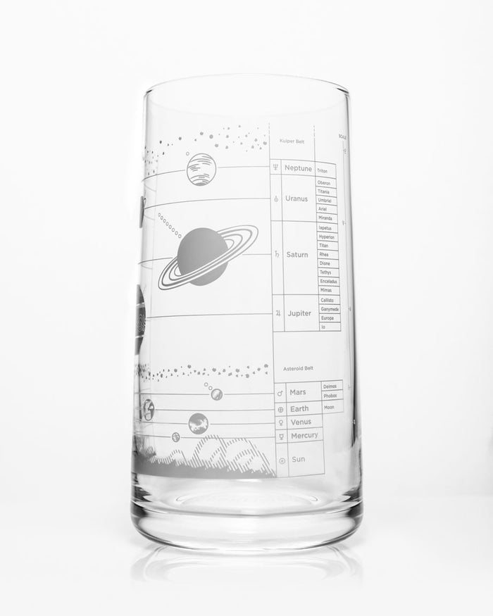 A Cognitive Surplus Solar System Drinking Glass with planets and stars on it.