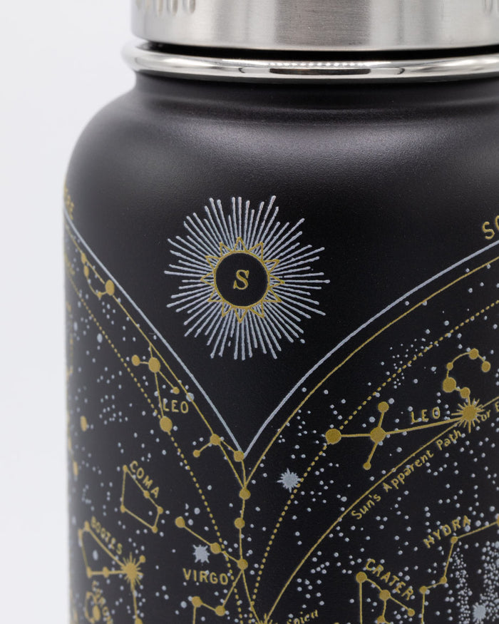 A black and gold Star Chart 32 oz Steel Bottle with constellations on it from Cognitive Surplus.