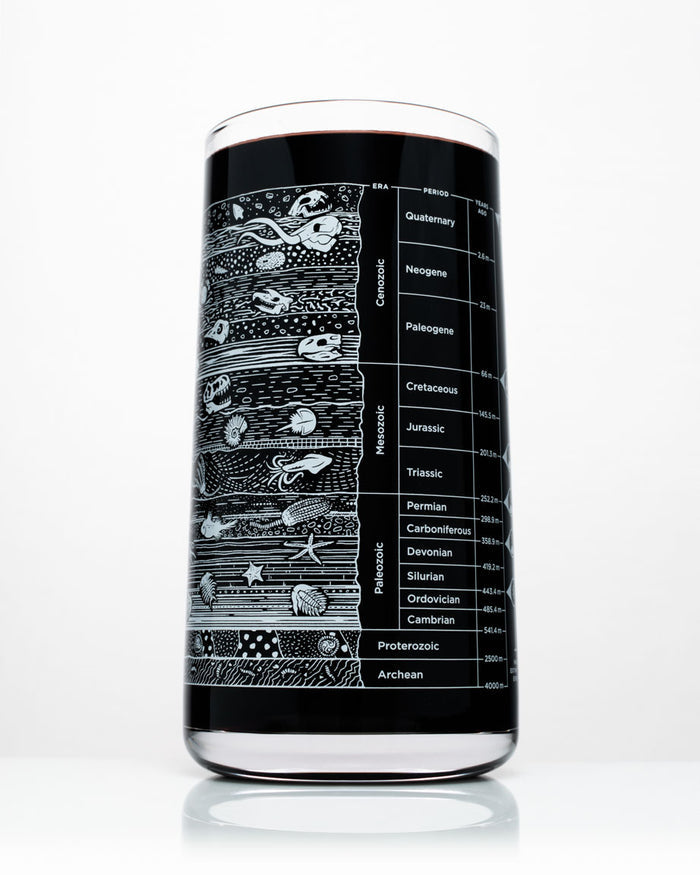 A Stratigraphy Core Sample Drinking Glass with a diagram on it made by Cognitive Surplus.