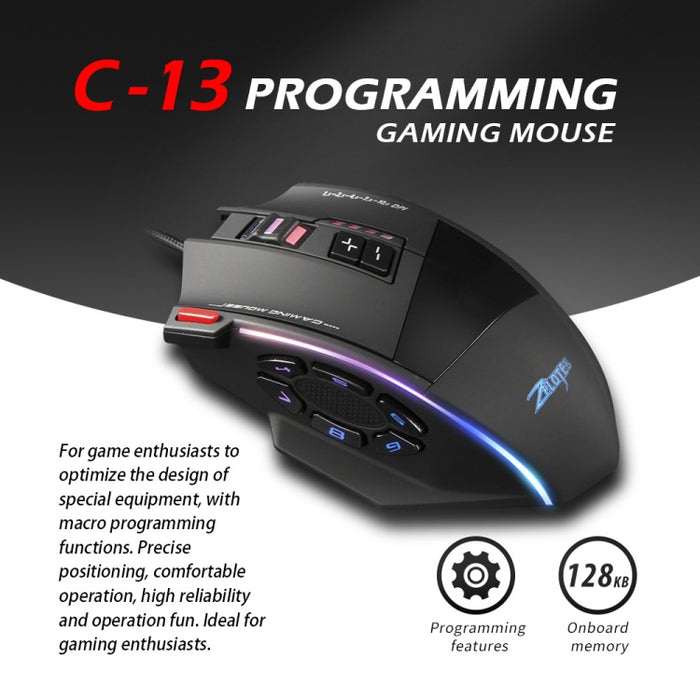 ZELOTES C13 RGB Gaming Mouse with 13 Keys, Macro Functions, and Custom Wired Design