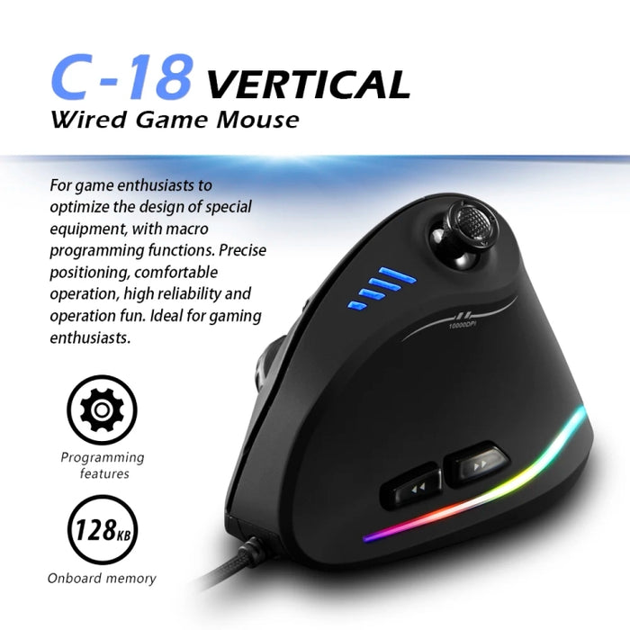 ZELOTES C18 RGB Vertical Gaming Mouse - 11-Keys Ergonomic Joystick Programming Wired Mouse