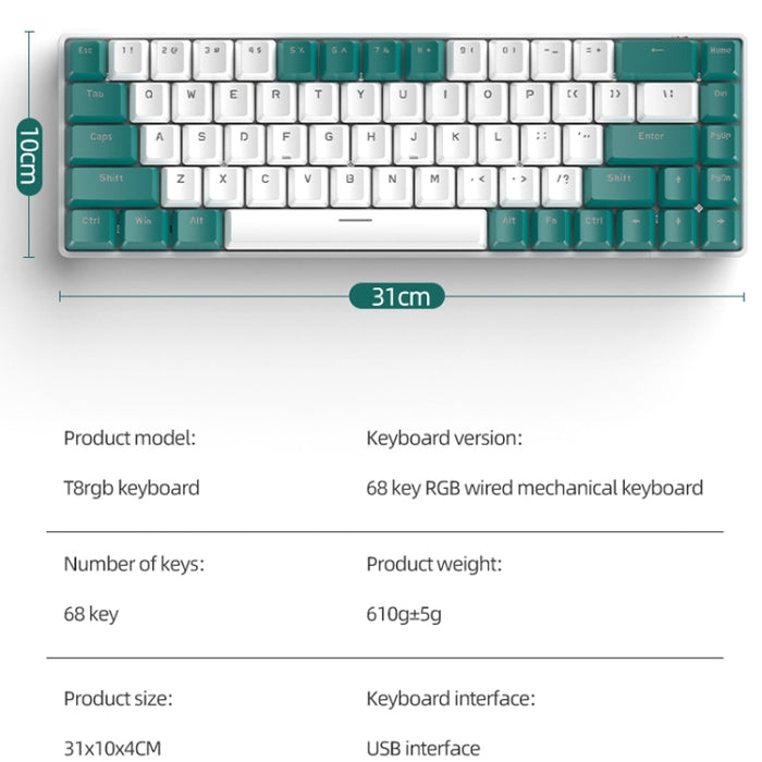 ZIYOU LANG T8 Gaming Keyboard - 68 Keys RGB Mechanical with Optimal Cable Length
